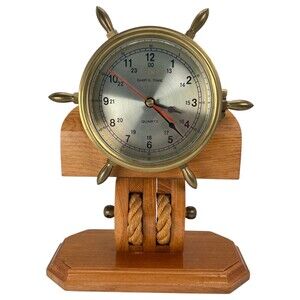 Maritime Ship's Wheel Clock Brass Wood Mantel Table Shelf Desk VTG Cottagecore